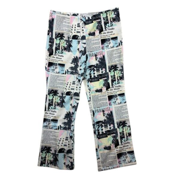 Princess Polly In My Element Mid Rise Pants Women’s 12 White Newspaper Print NWT - Picture 1 of 13
